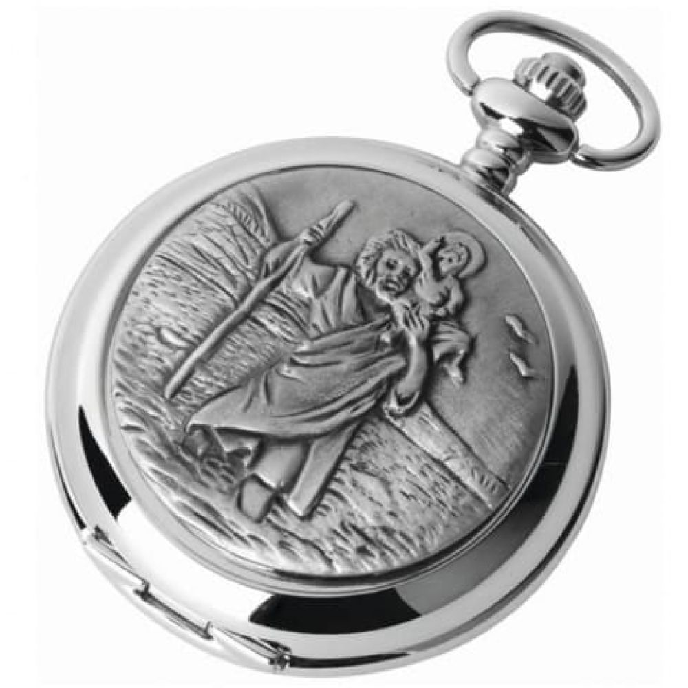 St Christopher Double Hunter Chrome Pewter Mechanical Pocket Watch