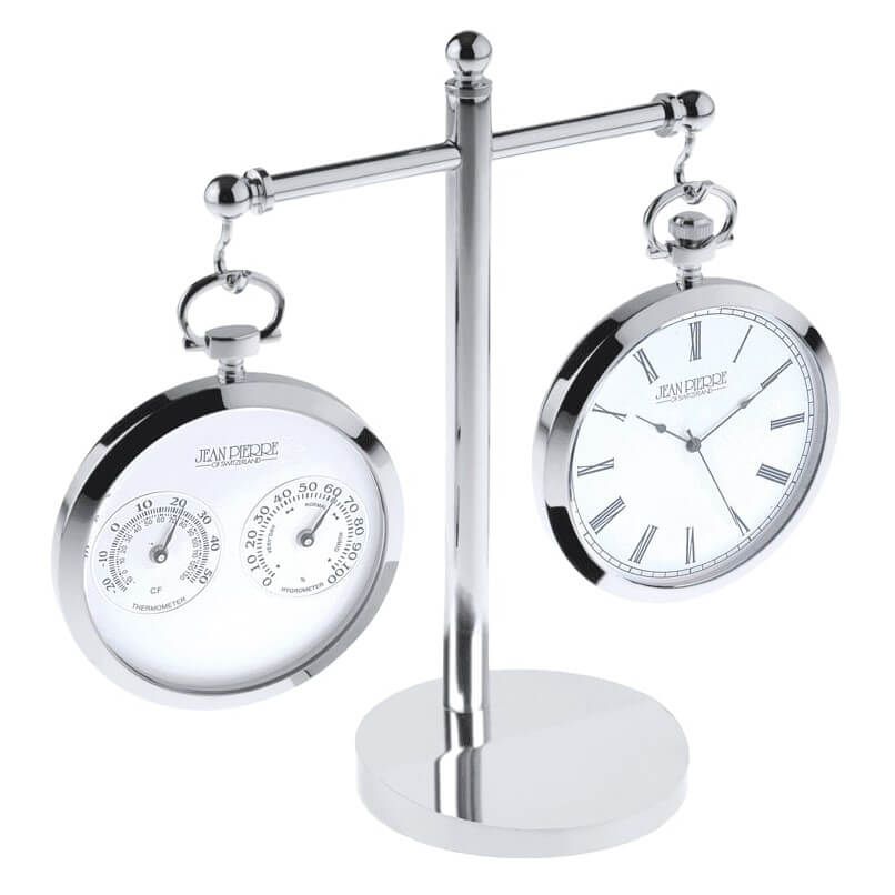 Polished Chrome Executive Desk Clock & Thermometer /Hygrometer Set With Stand