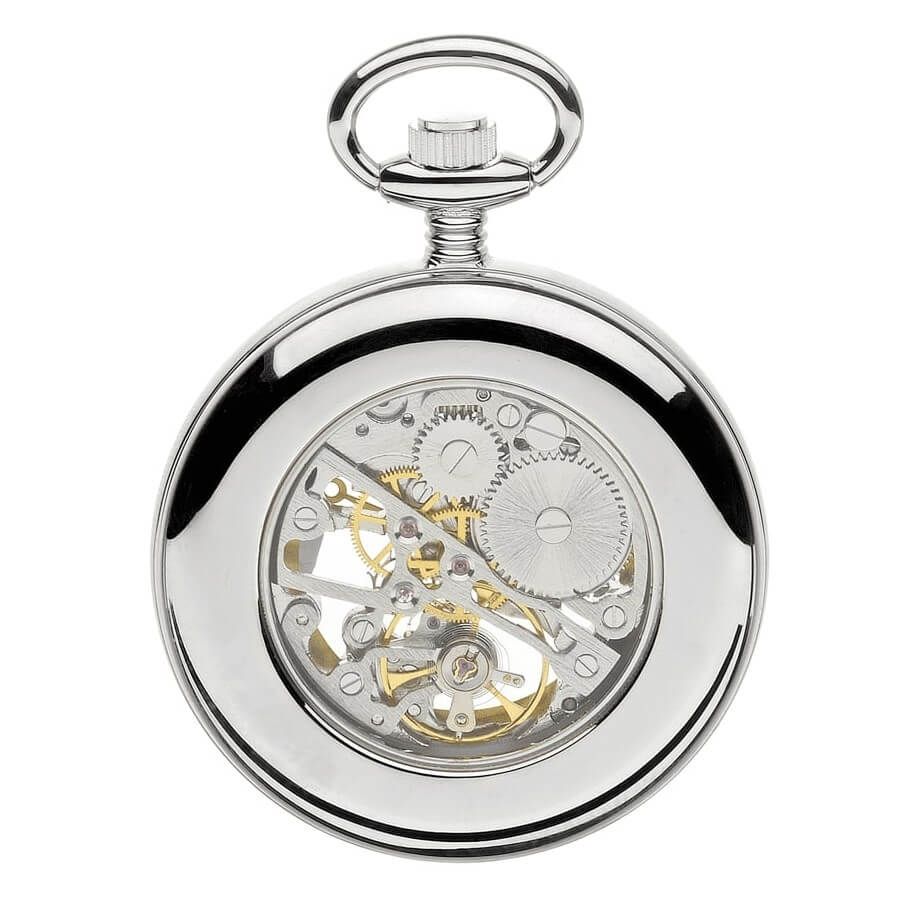 Chrome Plated Swiss Mechanical Open Face Skeleton Pocket Watch with Arabic Indexes