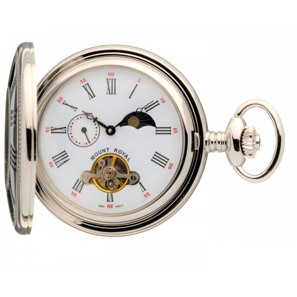 Chrome Polished Mechanical Half Hunter Pocket Watch with Roman Indexes