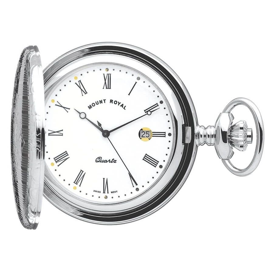 Chrome Polished Full Hunter Quartz Pocket Watch with Roman Indexes