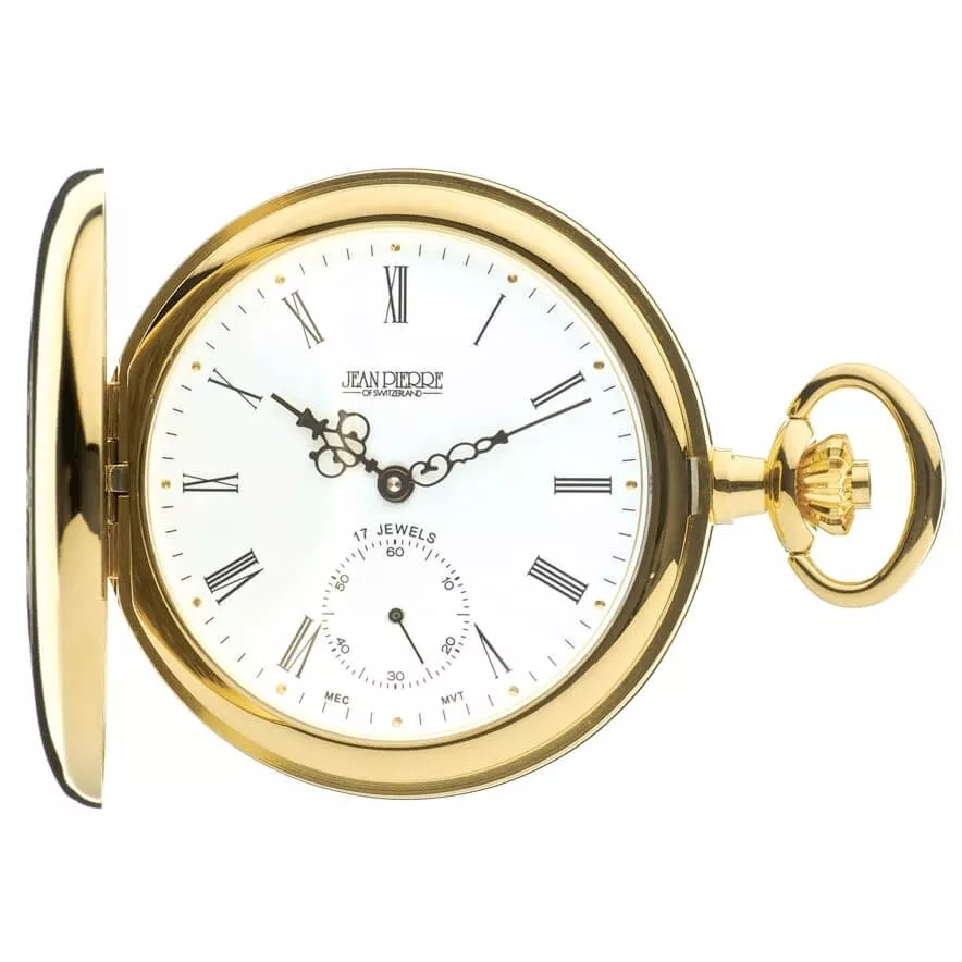Gold Tone Half Hunter Mechanical Pocket Watch With White Face