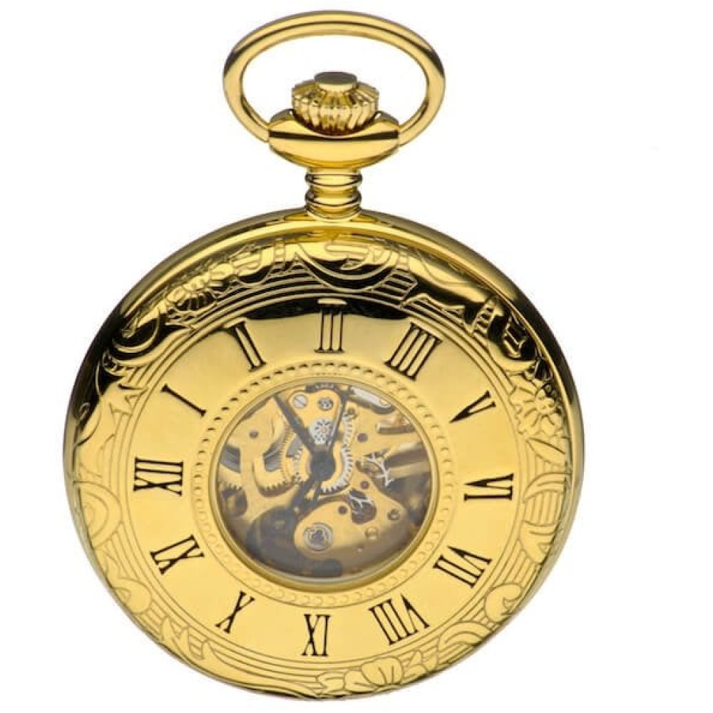 Gold Tone Mechanical Half Hunter Pocket Watch With Roman Numerals & Skeleton Display