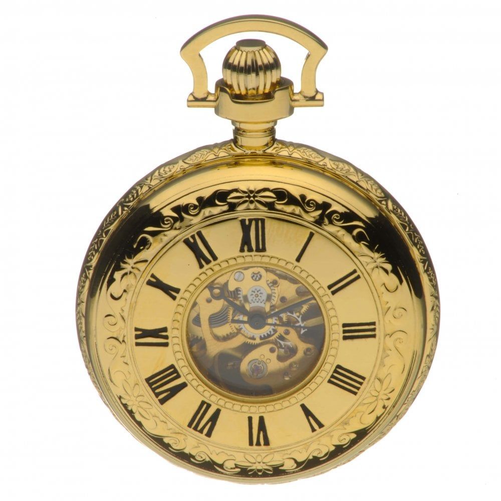 Gold Tone Mechanical Double Half Hunter Pocket Watch With Roman Indexes