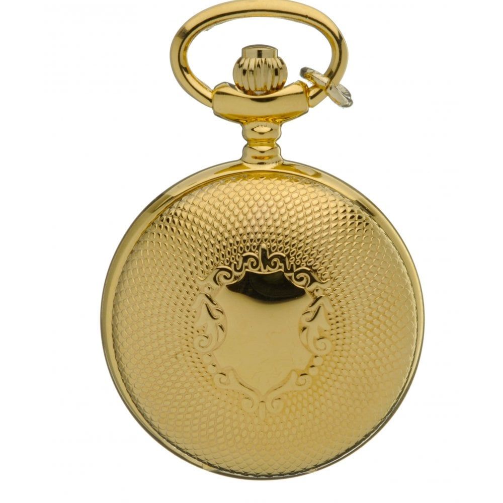 Gold Tone Shield Design Full Hunter Quartz Pendant Necklace Watch