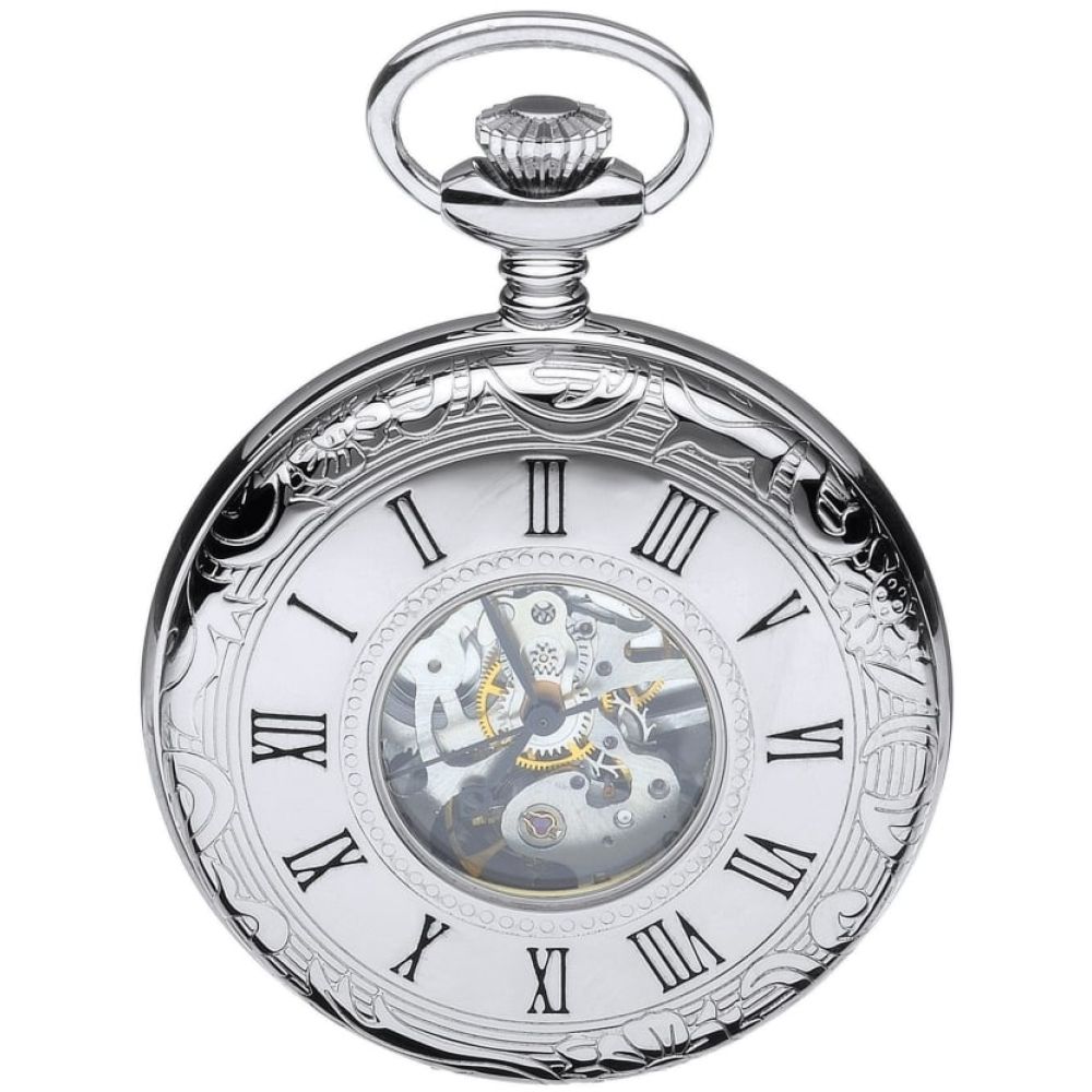 Polished Chrome Mechanical Half Hunter Pocket Watch with Skeleton Display & Roman Numerals