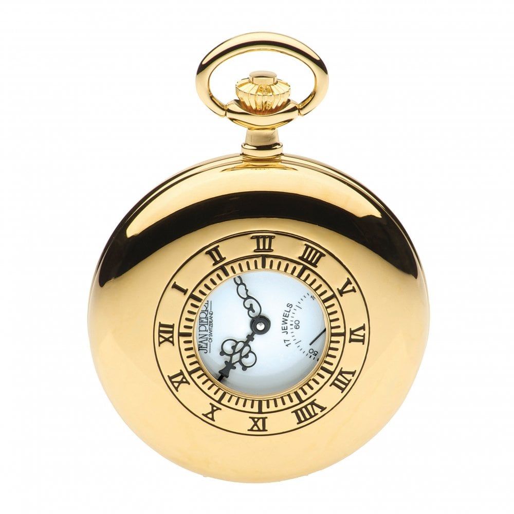 Gold Tone Half Hunter Mechanical Pocket Watch With White Face