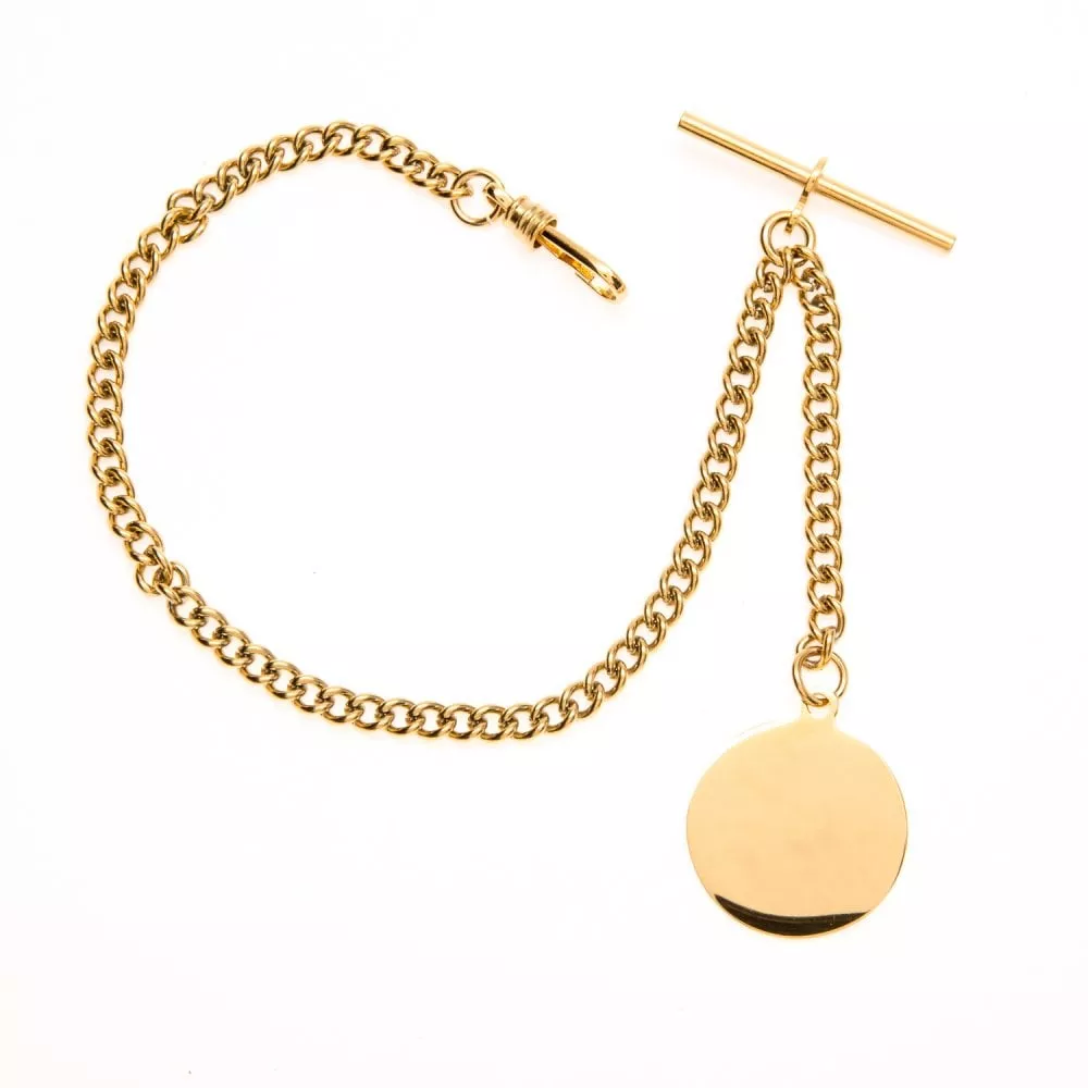 Gold Plated 9 Inch Single Albert TBar Pocket Watch Chain With