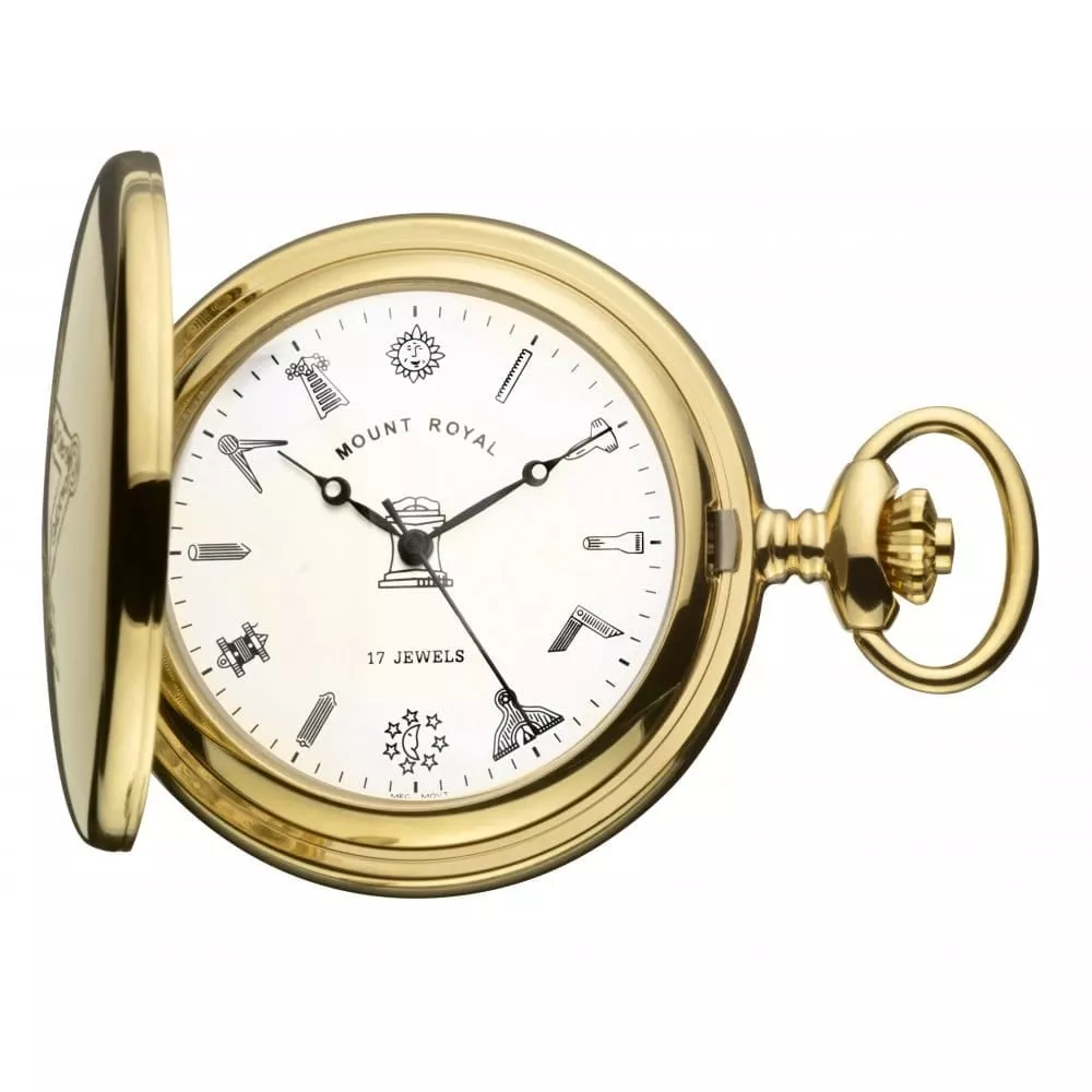 Gold Tone Full Hunter 17 Jewel Mechanical Pocket Watch With Masonic