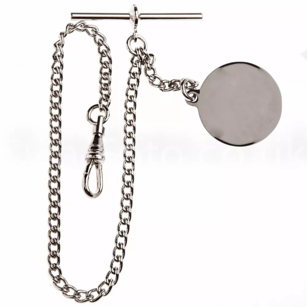 Chrome Plated 9 Inch Single Albert TBar Pocket Watch Chain With