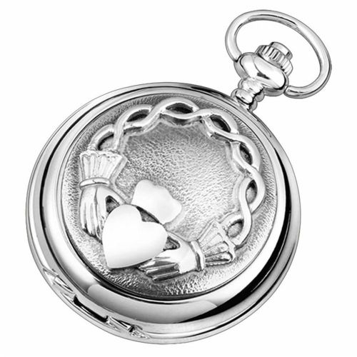 Pewter Claddagh Full Hunter Chrome Quartz Pocket Watch