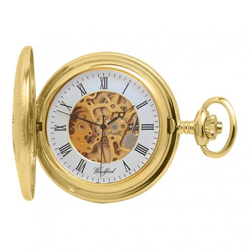 Gold Plated Mechanical Half Hunter Skeleton Open Back Pocket Watch