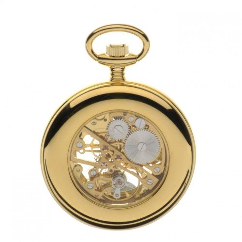 Gold Tone Swiss Mechanical Open Face Skeleton Pocket Watch with Arabic Indexes
