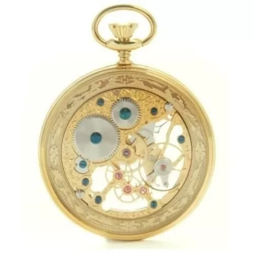 Gold Plated Swiss Mechanical Skeleton Open Face Pocket Watch