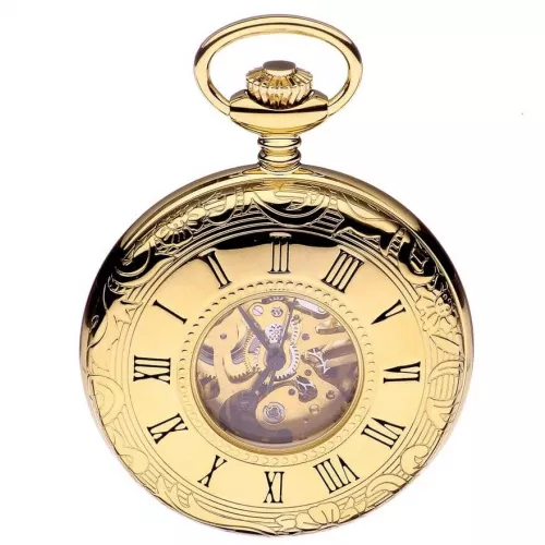 Gold Tone Mechanical Half Hunter Pocket Watch With Roman Numerals & Skeleton Display