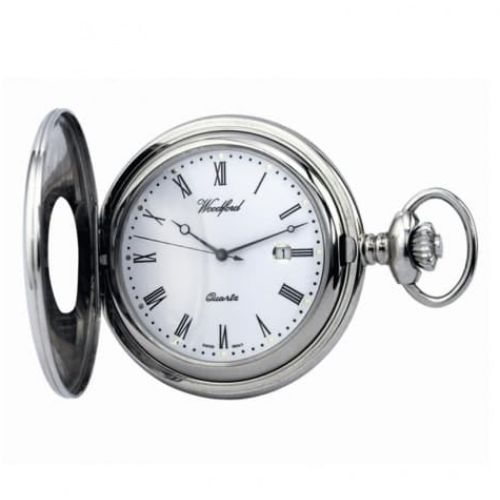 Chrome Plated Swiss Quartz Half Hunter Pocket Watch