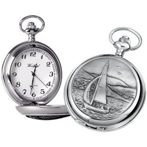 Sailboat Chrome/Pewter Quartz Full Hunter Pocket Watch