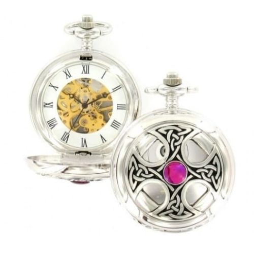 Celtic Cross Mechanical Chrome/Pewter Double Hunter Pocket Watch