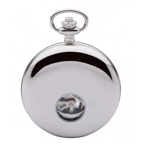 Polished Chrome Mechanical Double Half Hunter Pocket Watch With Heartbeat Window