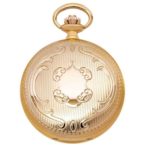 Gold Plated Mechanical Hunter Pocket Watch with Skeleton Back