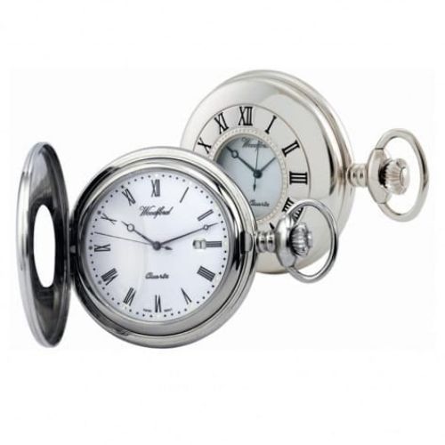 Chrome Plated Swiss Quartz Half Hunter Pocket Watch