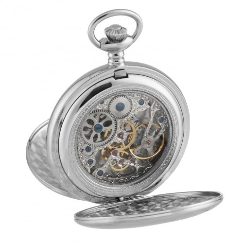 Chrome Mechanical Full Dial Double Hunter Skeleton Back Pocket Watch