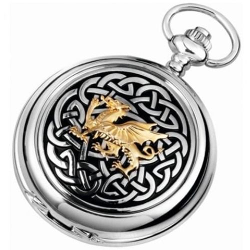 Mechanical Welsh Dragon Double Hunter Pocket Watch With Knotwork Pattern