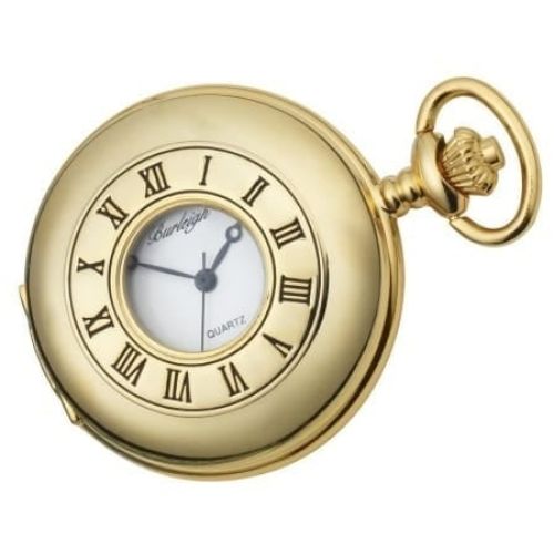 Gents Gold Plated Stainless Steel Half Hunter Pocket Watch With Chain & Stand