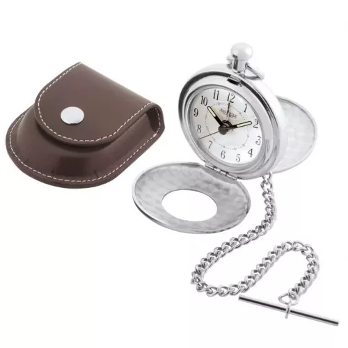 Polished Chrome Double Half Hunter Alarm Pocket Watch With Pouch