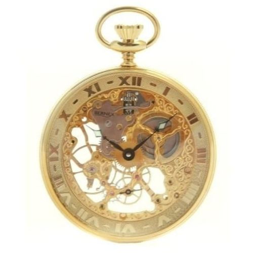 Gold Plated Swiss Mechanical Skeleton Open Face Pocket Watch