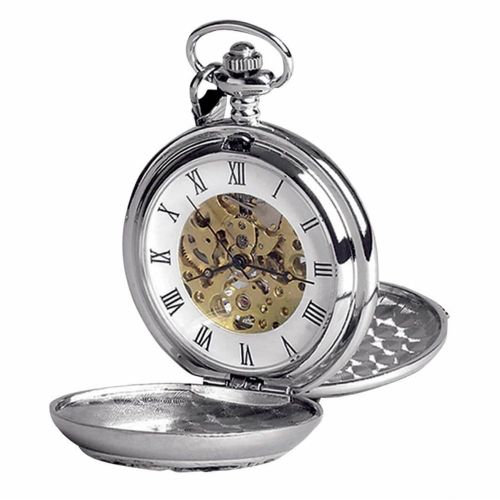 Chrome Finish & Gold Irish Shamrock Double Hunter Mechanical Pocket Watch