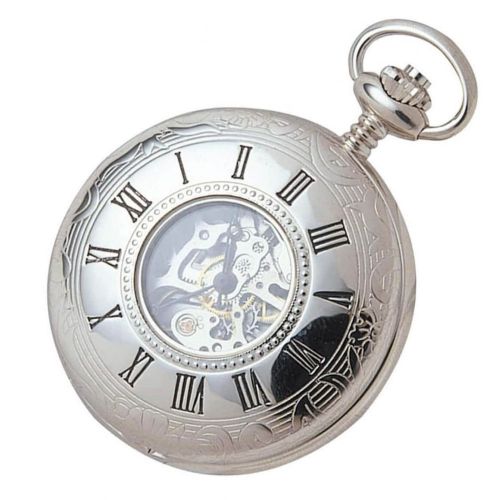 Chrome Plated Mechanical Half Hunter Skeleton Pocket Watch