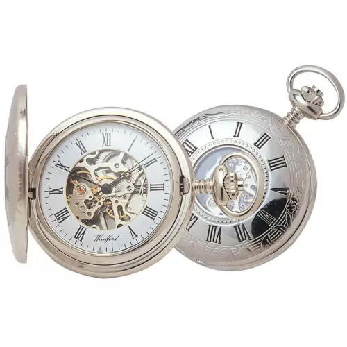 Chrome Plated Mechanical Half Hunter Skeleton Pocket Watch