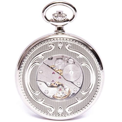 Chrome Plated Mechanical Hunter Pocket Watch with Skeleton Back