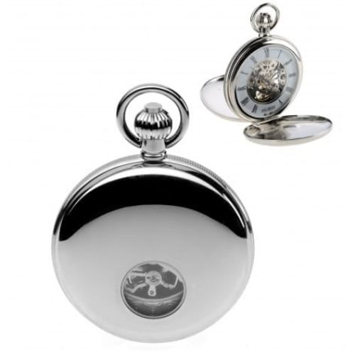 Polished Chrome Mechanical Double Hunter Pocket Watch With Heartbeat Window