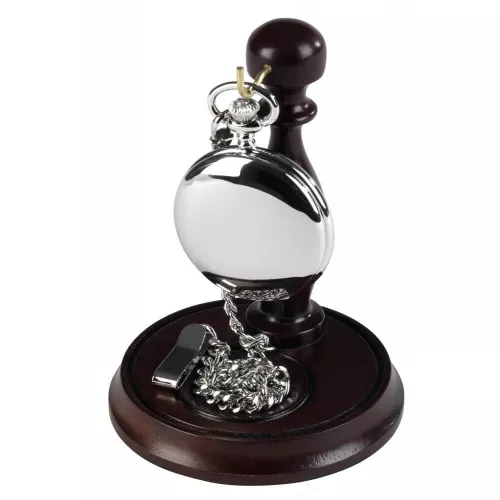 Polished Stainless Steel Full Hunter  Pocket Watch With Chain & Stand