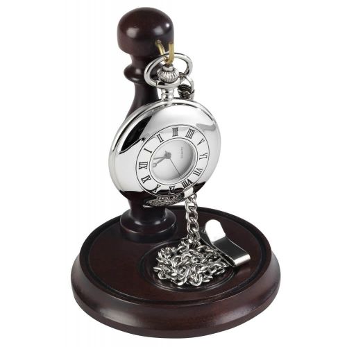 Gents Stainless Steel Half Hunter Pocket Watch With Chain & Stand