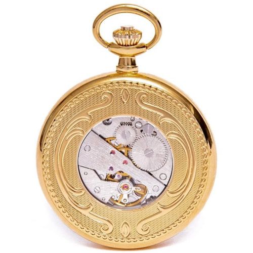 Gold Plated Mechanical Hunter Pocket Watch with Skeleton Back