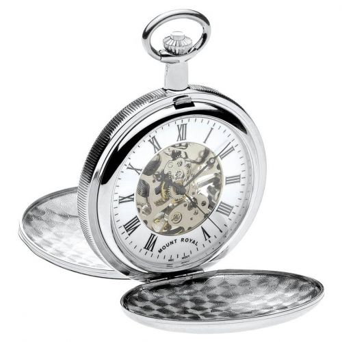 Chrome Polished Skeleton Mechanical Double Hunter Pocket Watch With Roman Indexes