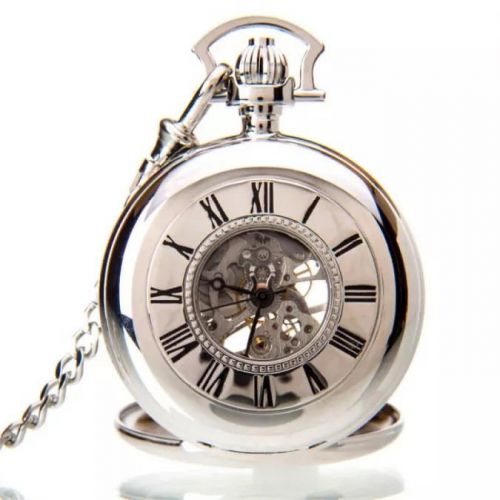 Chrome Plated Mechanical Double Half Hunter Engraveable Pocket Watch