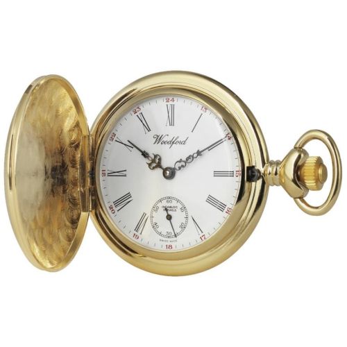 Gold Plated Full Hunter Engine Turned Mechanical Pocket Watch
