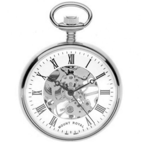 Chrome Plated Swiss Mechanical Open Face Skeleton Pocket Watch with Roman Indexes
