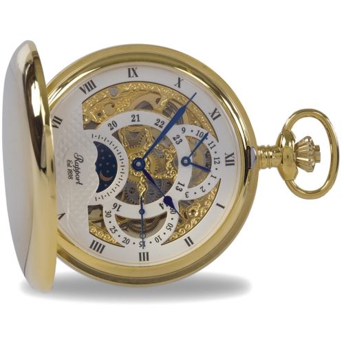 Gold Tone Mechanical Moon Dial Double Hunter Pocket Watch