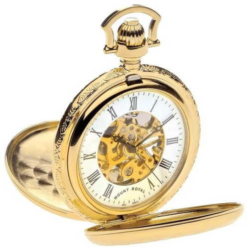 Gold Tone Mechanical Double Half Hunter Pocket Watch With Roman Indexes