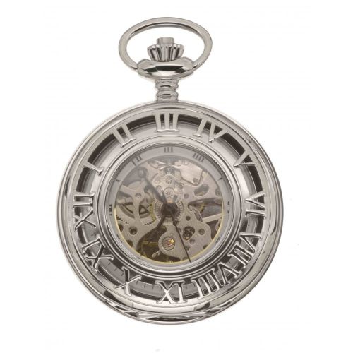 Half Hunter Chrome Polished Mechanical Pocket Watch With Roman Indexes