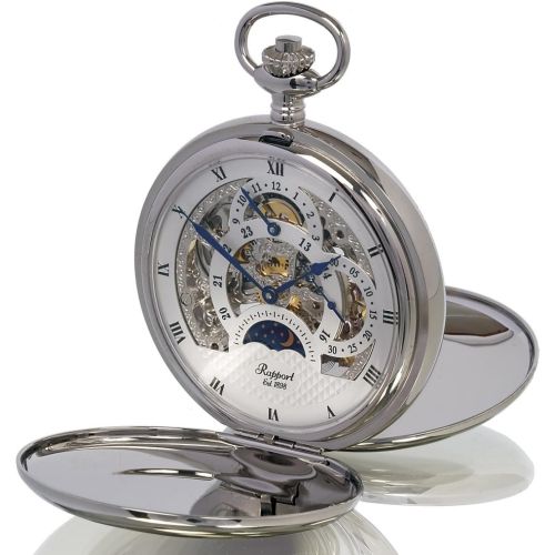 Silver Tone Mechanical Moon Dial Double Hunter Pocket Watch