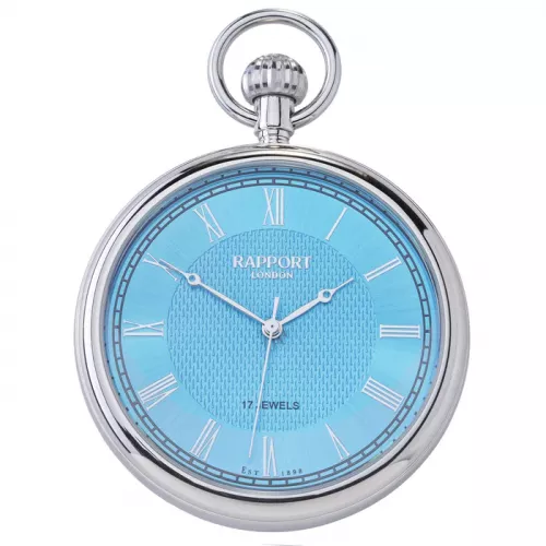 17-Jewel Mechanical Ice Blue Open Face Silver Pocket Watch