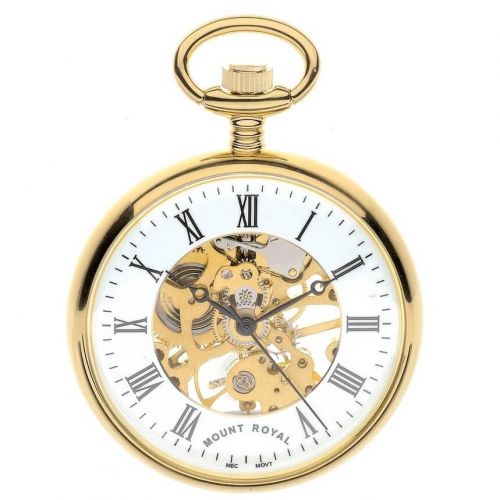 Gold Tone Swiss Mechanical Open Face Skeleton Pocket Watch with Roman Indexes