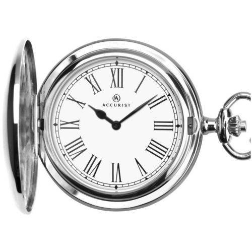 Stainless Steel Quartz Full Hunter Pocket Watch With Roman Numerals & Snakeskin Belt Bar Chain