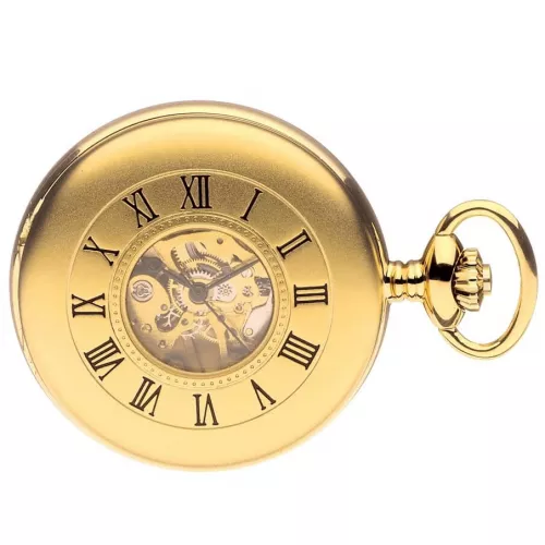 Matt Finish Gold Tone Mechanical Half Hunter Pocket Watch With Roman Indexes